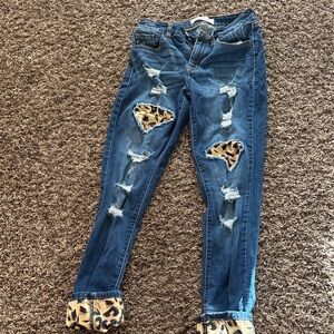 Blue Distressed Jeans with Leopard Accents